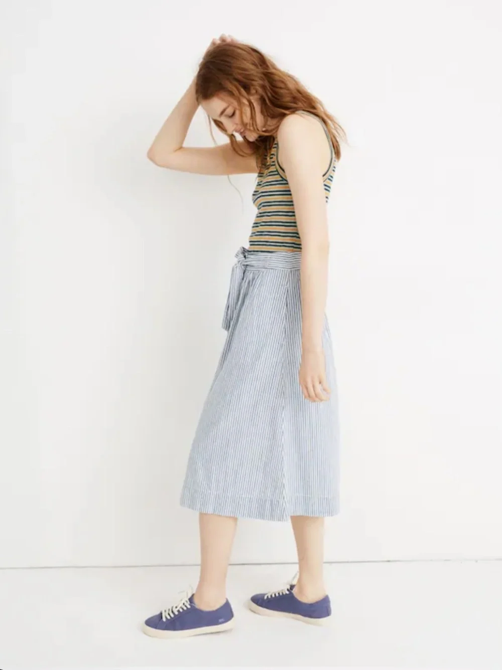 Madewell Palisade blue white striped tie button-front midi skirt, size 2